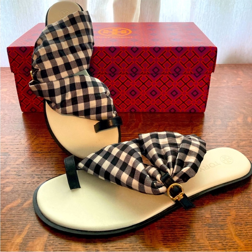 Tory Burch Black and White Gingham Scarf Sandals Size 9
